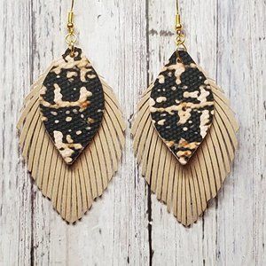 2-Layer, Feathered Faux Leather Earrings